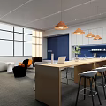 Modern Lounge Area Interior With Pendant Lights Large Windows Curtains Sofa And Comfortable Chairs