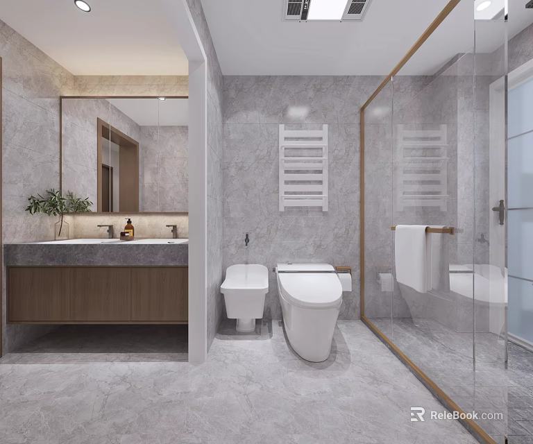 Modern Minimalist Bathroom Interior With Marble Tiles Wood Vanity And Clear Glass Shower Enclosure 3d model 