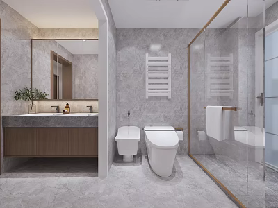 Modern Minimalist Bathroom Interior With Marble Tiles Wood Vanity And Clear Glass Shower Enclosure 3d model