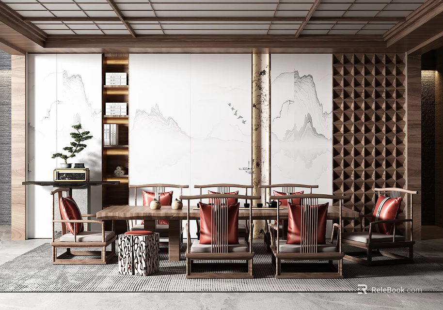 Traditional Study Room Interior Design With Wooden Bookshelves Writing Desk Comfortable Chair And Landscape Art 3d model 