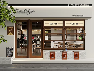 Starbucks Coffee Café Storefront With Signage Glass Doors Windows Interior Seating Visible Decorative Coffee Cups 3d model