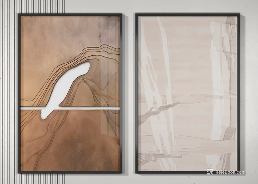 Modern Abstract Wall Art With Black Frames Brown Beige Backgrounds And Lines 3d model