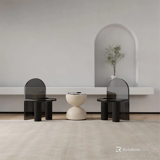 Modern Dining Table With Two Black Acrylic Chairs And Beige Stool 3d model