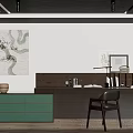 Modern Green Chest of Drawers in Stylish Room with Wooden Desk Chair and Wall Art