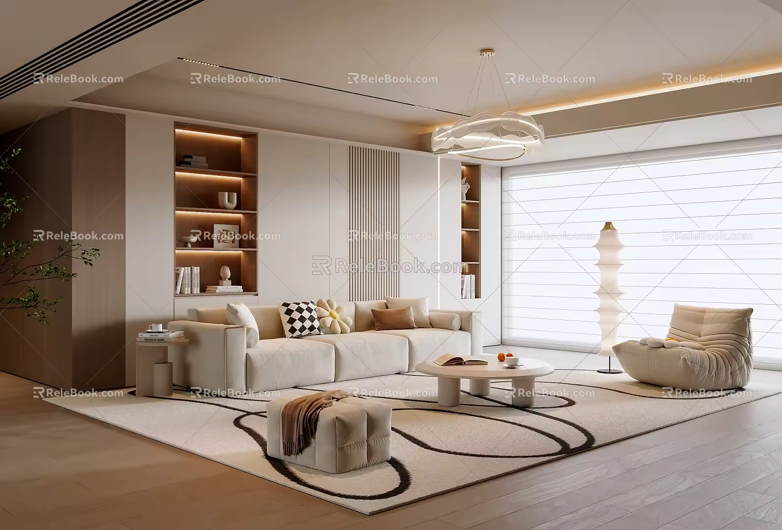 Cream Style Living Room Sofa Coffee Table Combination Lazy Sofa Sofa Stool Fabric Dream Curtain Sofa Background Wall Chandelier Side Floor Lamp 3d model