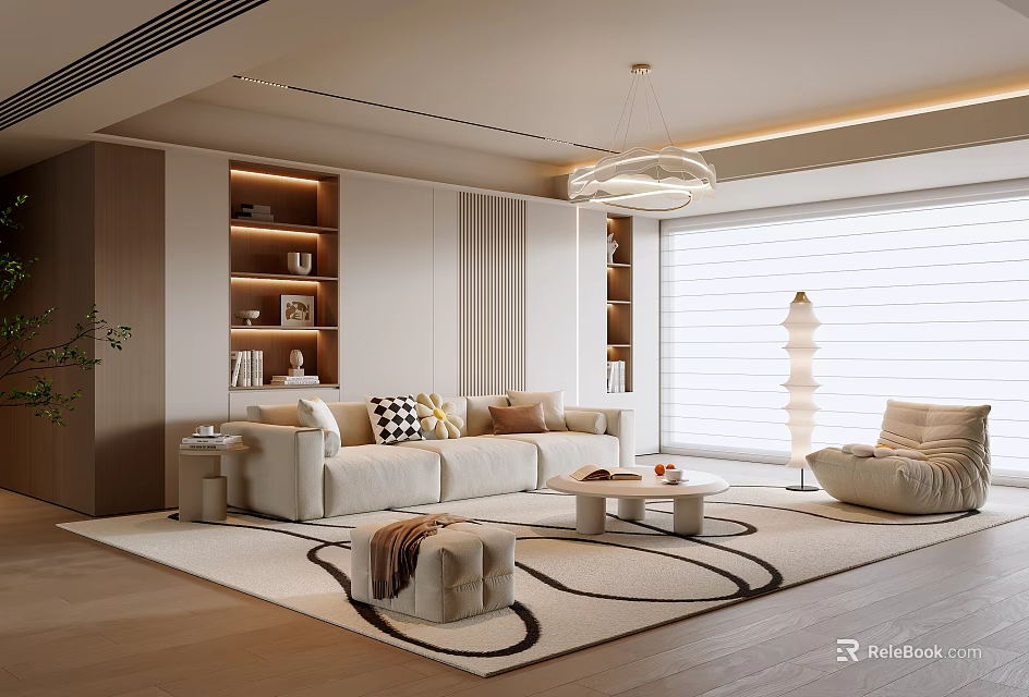 Modern Living Room Interior With Beige Sofa Checkered Pillows Patterned Rug Pendant Light And Bookshelves 3d model 