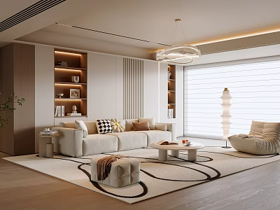 Modern Living Room Interior With Beige Sofa Checkered Pillows Patterned Rug Pendant Light And Bookshelves 3d model