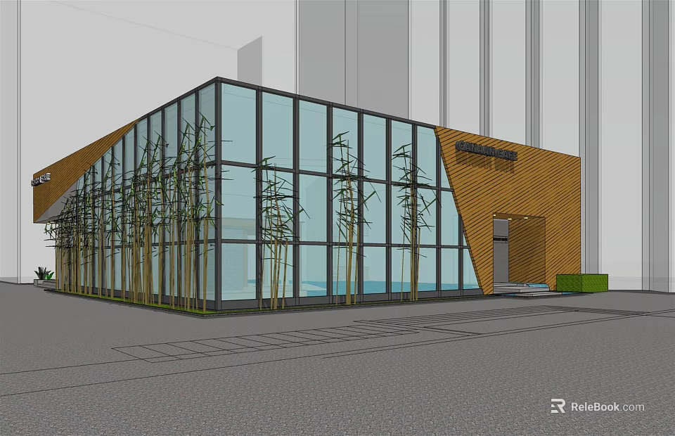 Modern Building Exterior Featuring Glass Curtain Walls Brown Triangular Structure And Bamboo Plants 3d model 