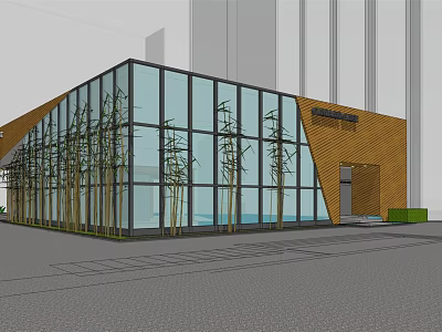 Modern Building Exterior Featuring Glass Curtain Walls Brown Triangular Structure And Bamboo Plants 3d model