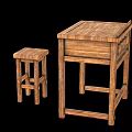 Simple Design Solid Wood Desk with Matching Stool for Home Study 3d model