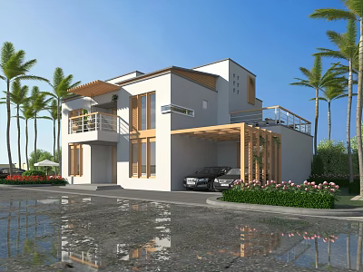 Modern Detached Villa Exterior With Palm Trees Car And Covered Patio 3d model