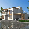Modern Detached Villa Exterior With Palm Trees Car And Covered Patio
