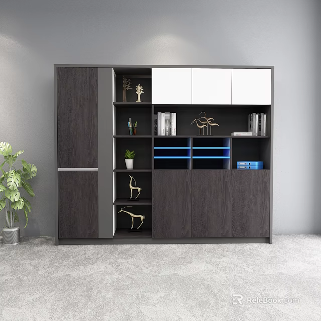 Modern Dark Brown Wooden File Cabinet With White Doors Open Shelves Books And Decorative Items 3d model 