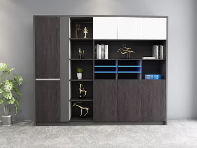 Modern Dark Brown Wooden File Cabinet With White Doors Open Shelves Books And Decorative Items 3d model