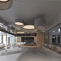 Modern Café Open Space Design With Wooden Elements Hanging Lights Green Plants And Staircase Seating