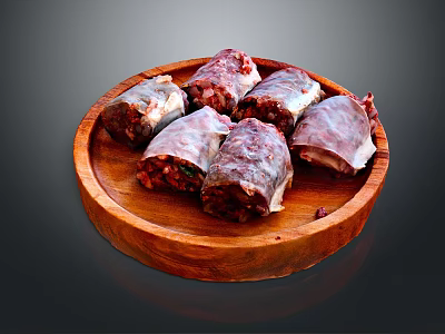 Leaf Wrapped Meat Rolls Stuffed With Minced Meat On Wooden Plate 3d model