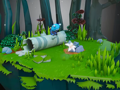 Cartoon Scene Featuring Blue Animal on Log Green Grass Trees Red Flowers and Glowing Lights 3d model