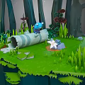 Cartoon Scene Featuring Blue Animal on Log Green Grass Trees Red Flowers and Glowing Lights