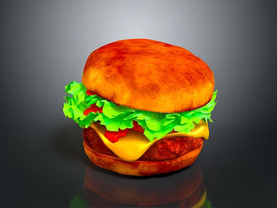 Juicy Hamburger with Golden Bun Fresh Lettuce Tomato and Melted Cheese Patty 3d model