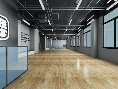Spacious Fitness Gym Interior With Wooden Flooring Gray Walls Multiple Windows And Strip Lights 3d model