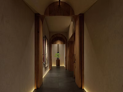 Hotel Corridor Interior With Wooden Accents Arched Design Warm Lighting And Sleek Flooring 3d model