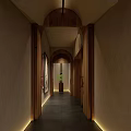 Hotel Corridor Interior With Wooden Accents Arched Design Warm Lighting And Sleek Flooring