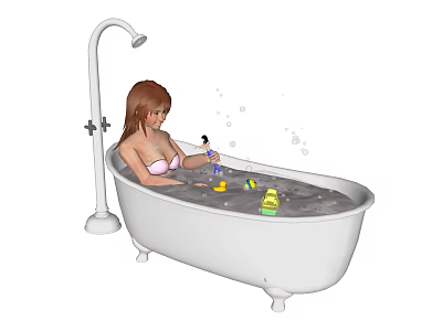 Woman Taking Relaxing Bath In White Bathtub With Bubbles And Products 3d model