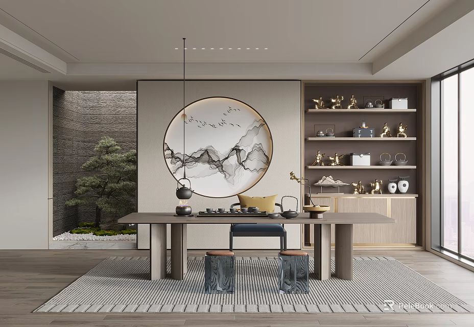 Traditional Tea Room Interior Design With Round Landscape Painting And Tea Table Display Shelves 3d model 