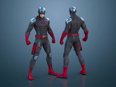Superhero Characters Wearing Black Red Uniform With Silver Armor Red Gloves Boots Front Back Views 3d model