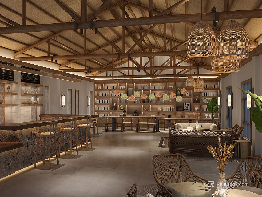 Hotel Lobby Interior With Wooden Ceiling Woven Pendant Lights Bookshelves Bar Counter And Sofas 3d model 