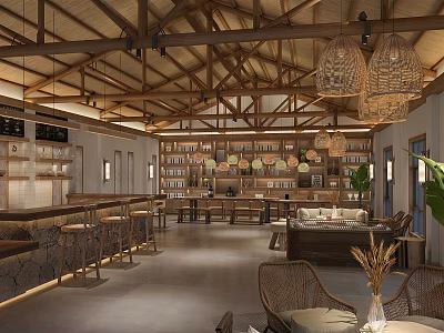 Hotel Lobby Interior With Wooden Ceiling Woven Pendant Lights Bookshelves Bar Counter And Sofas 3d model