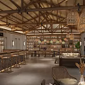 Hotel Lobby Interior With Wooden Ceiling Woven Pendant Lights Bookshelves Bar Counter And Sofas