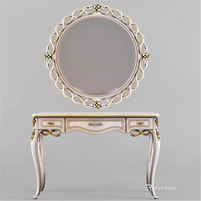 Elegant Dressing Table With Round Ornate Mirror And Gold Accent Drawers 3d model 
