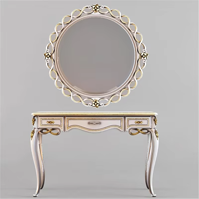 Elegant Dressing Table With Round Ornate Mirror And Gold Accent Drawers 3d model