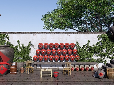 New Chinese Courtyard Wine Culture Village Courtyard Tavern Small Courtyard Wine Shop Wine Pot Wine Element Landscape Wall Wine Flag Farmhouse model