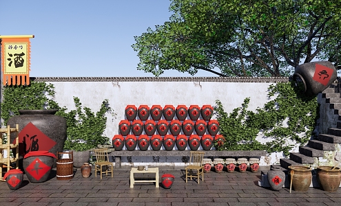 New Chinese Courtyard Wine Culture Village Courtyard Tavern Small Courtyard Wine Shop Wine Pot Wine Element Landscape Wall Wine Flag Farmhouse 3d model