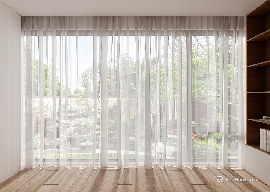 White Sheer Curtains Adorning Large Window with Trees Vehicles Wooden Floor and Bookshelf 3d model 