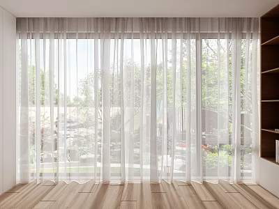 White Sheer Curtains Adorning Large Window with Trees Vehicles Wooden Floor and Bookshelf 3d model