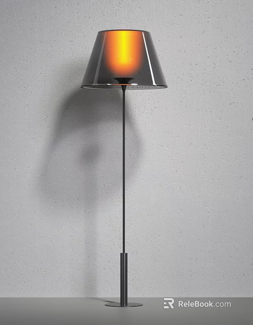 Modern Black Floor Lamp with Slim Pole and Warm Light Shadow on Grey Wall 3d model 