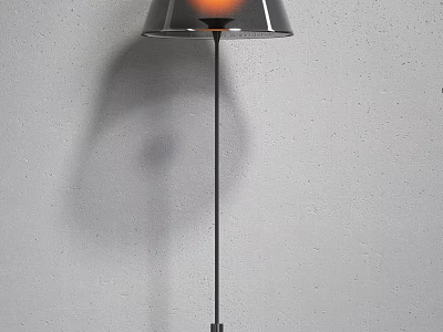 Modern Black Floor Lamp with Slim Pole and Warm Light Shadow on Grey Wall 3d model