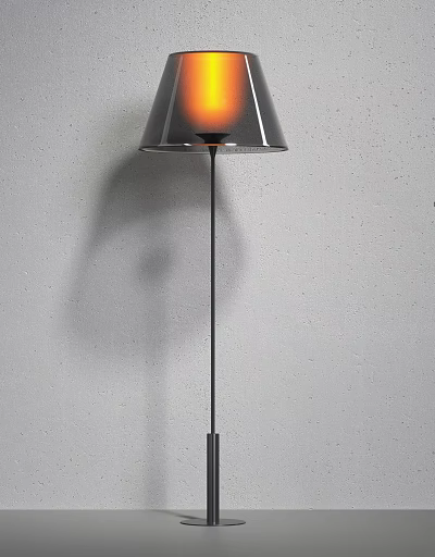 Modern Black Floor Lamp with Slim Pole and Warm Light Shadow on Grey Wall 3d model