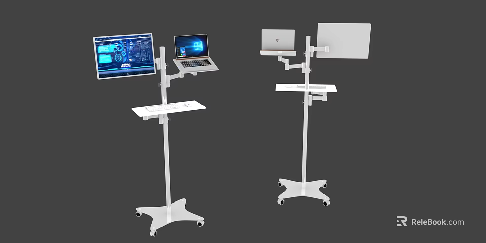 Iron Mobile Laptop Monitor Stands With Wheels And Tray For Office Workstation 3d model 