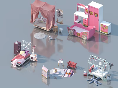 Various Kids Beds With Tented Tops Storage Cabinets And Decorative Furniture 3d model