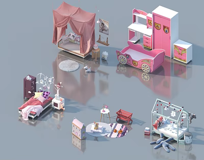 Various Kids Beds With Tented Tops Storage Cabinets And Decorative Furniture 3d model
