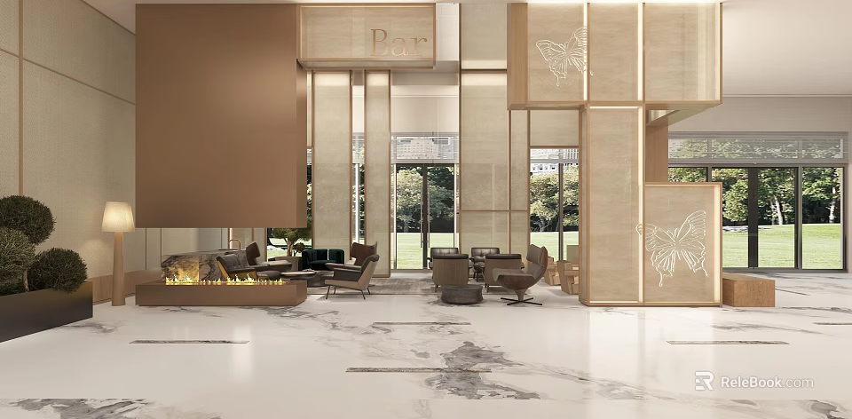 Modern Hotel Lobby Interior With Marble Floor Butterfly Decorative Walls And Greenery View 3d model 