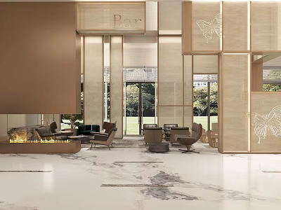 Modern Hotel Lobby Interior With Marble Floor Butterfly Decorative Walls And Greenery View 3d model