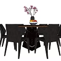 Round Marble Dining Table Set With Black Leather Chairs And Fruit Bowl