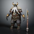 Mythical Horned Bearded Warrior Creature With Ornate Armor And Decorative Sword