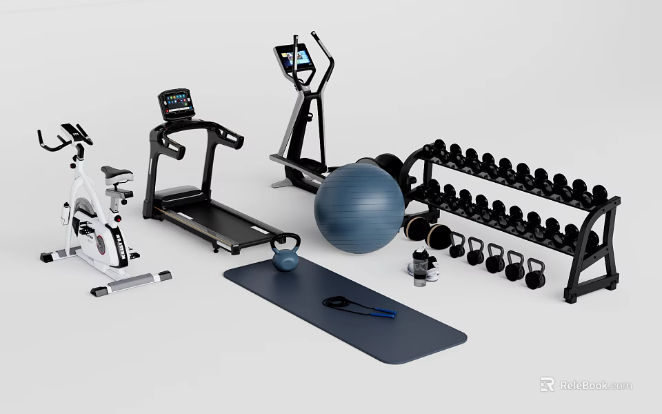 Essential Sports Equipment Collection Featuring Treadmill Elliptical Trainer Dumbbell Rack Yoga Mat And Exercise Ball 3d model 