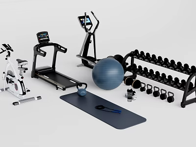 Essential Sports Equipment Collection Featuring Treadmill Elliptical Trainer Dumbbell Rack Yoga Mat And Exercise Ball 3d model